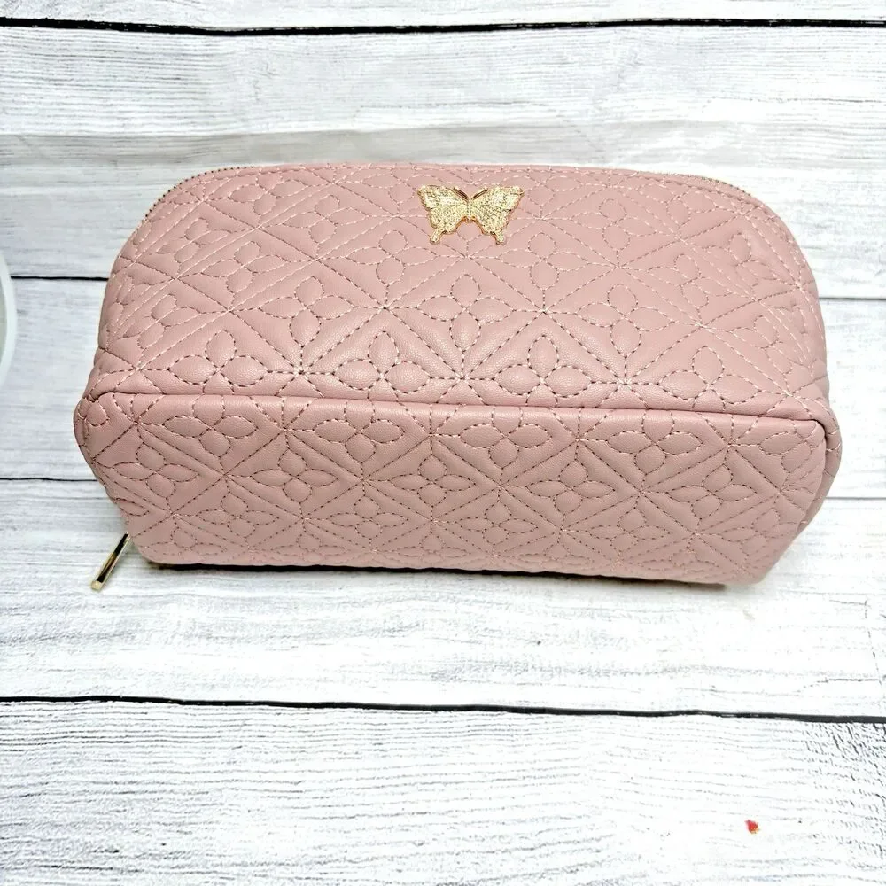 Vince Camuto Large Cosmetics Bag Mauve With Gold Butterfly Zip Close NEW NWT